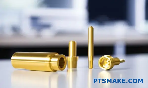 Precision medical device components featuring high-quality brushed golden metallic surface finish on laboratory workstation