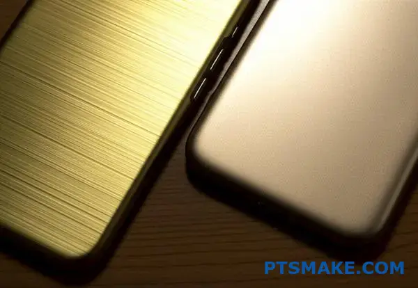 Two aluminum smartphone cases displaying brushed gold and champagne anodized surface treatments on wooden desk