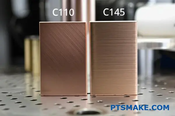 Comparison of different copper alloy grades showing brushed surface textures and finishes for manufacturing applications
