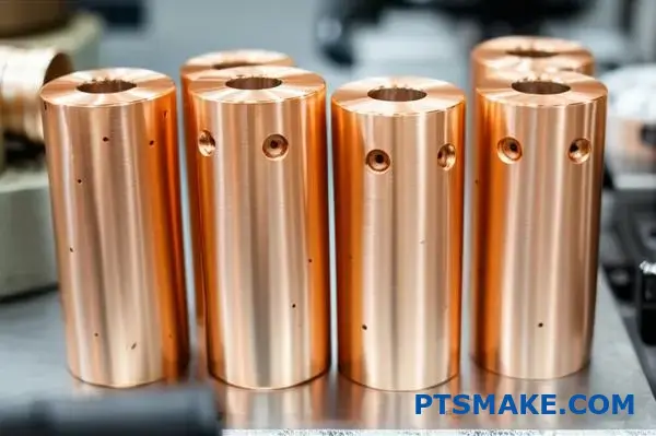 High-precision copper machined parts with brushed finish displaying tight dimensional tolerances and expert CNC fabrication quality