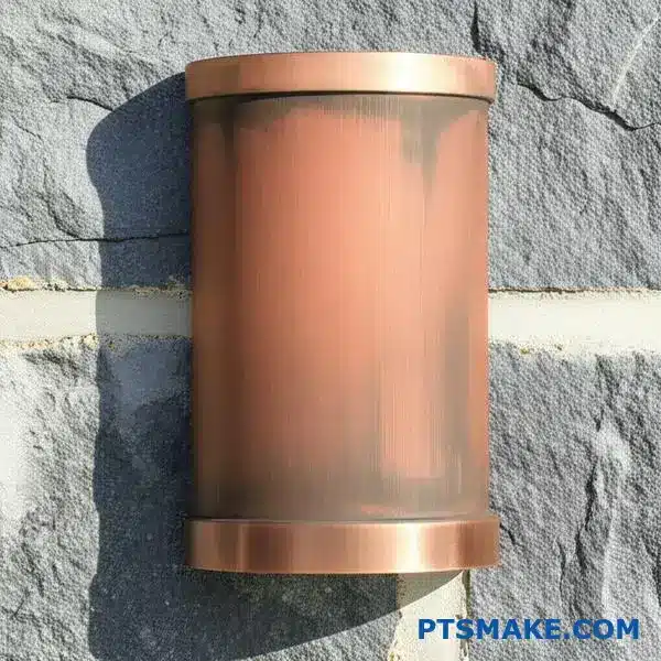 Weathered copper outdoor lighting fixture showing natural patina development on stone wall surface