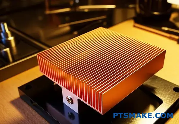 Detailed view of brushed copper heatsink component with precision-machined fins on engineering workbench