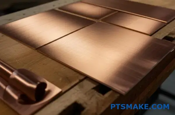 Various burnished copper parts displaying different surface finishes and grain patterns on workshop table