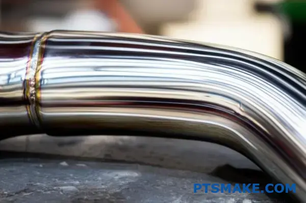 Close-up of passivated stainless steel automotive part showing protective chromium oxide layer formation