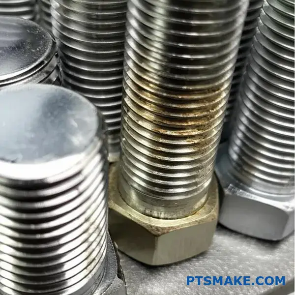 Close-up of stainless steel bolts and nuts showing thread details before surface treatment and passivation process