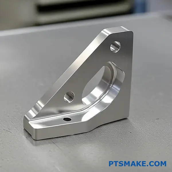 Close-up view of precision CNC machined stainless steel aerospace bracket showcasing passivated surface treatment and tight manufacturing tolerances