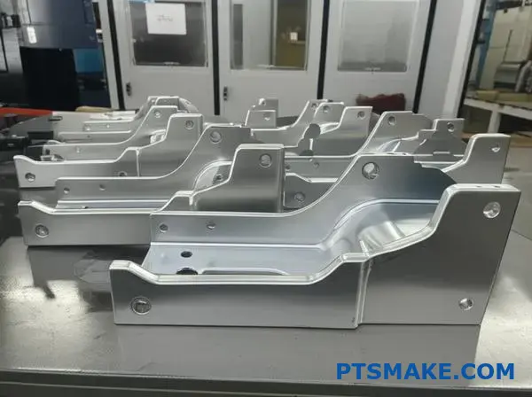 Bright zinc plated metal brackets showing smooth electroplated finish and corrosion protection coating on workshop table