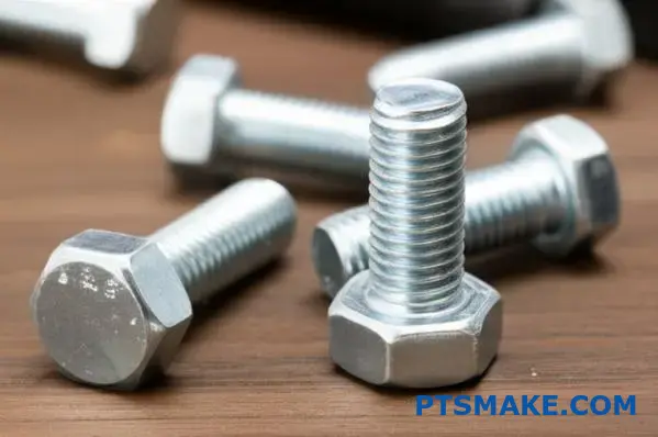 Close-up of zinc coated bolts and nuts showing threaded fastener details with galvanized finish