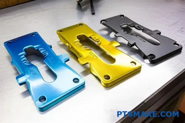 Automotive brackets showcasing different zinc chromate plating finishes including blue clear yellow and black conversion coatings