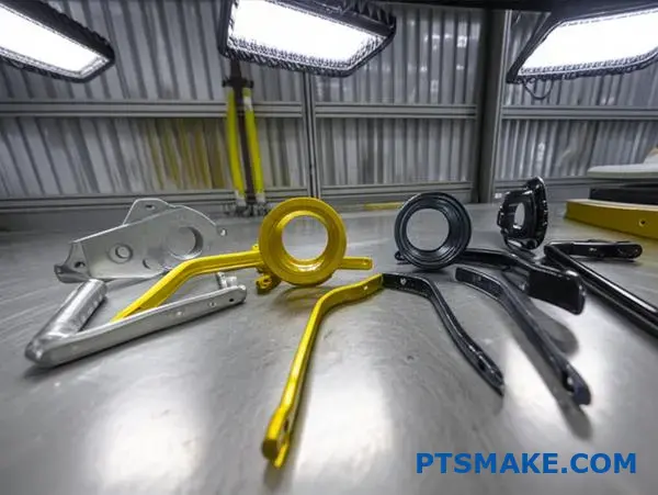 Various zinc coated metal components displaying different galvanization finishes and electroplating protection levels on testing surface