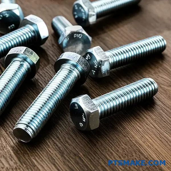 Collection of zinc coated bolts and screws showcasing electroplating finish quality on workshop table surface