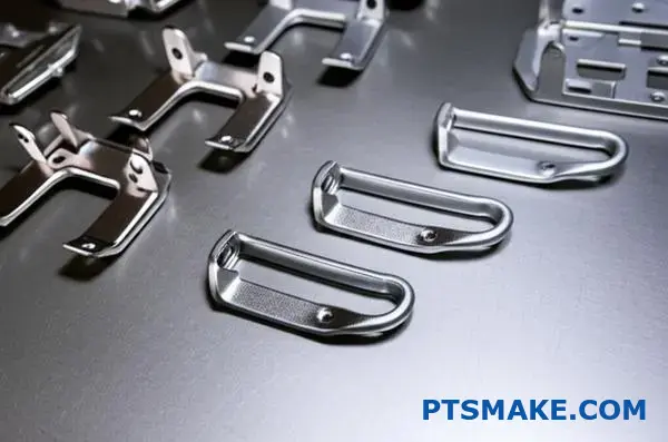 Automotive metal brackets showing zinc coating color inconsistencies for quality control inspection in manufacturing facility