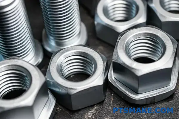 Silver zinc coated bolts and nuts with precise threading on industrial surface showing galvanized metal finishing process