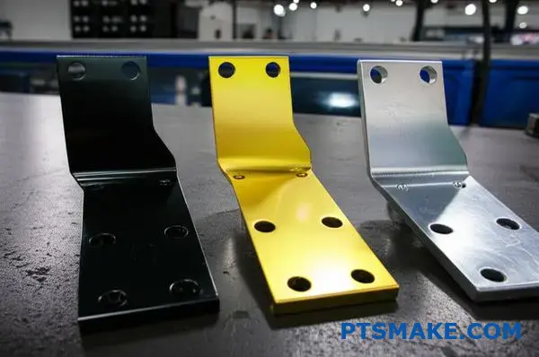 Metal automotive brackets displaying black zinc plating, yellow zinc coating, and clear zinc plating finishes comparison