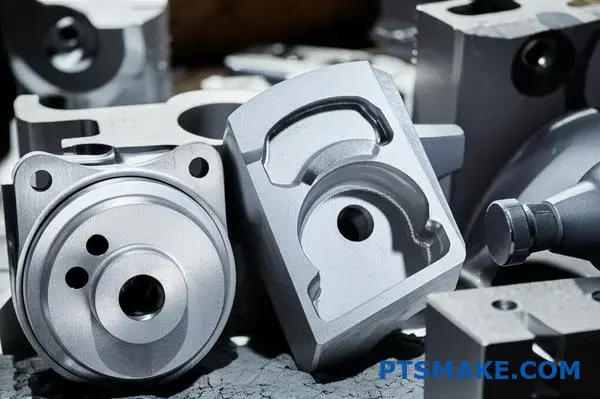 Various metal components with complex geometries showcasing galvanized coating challenges on industrial workshop surface