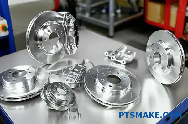Precision automotive brake parts featuring protective zinc coating finish displayed on industrial workbench surface