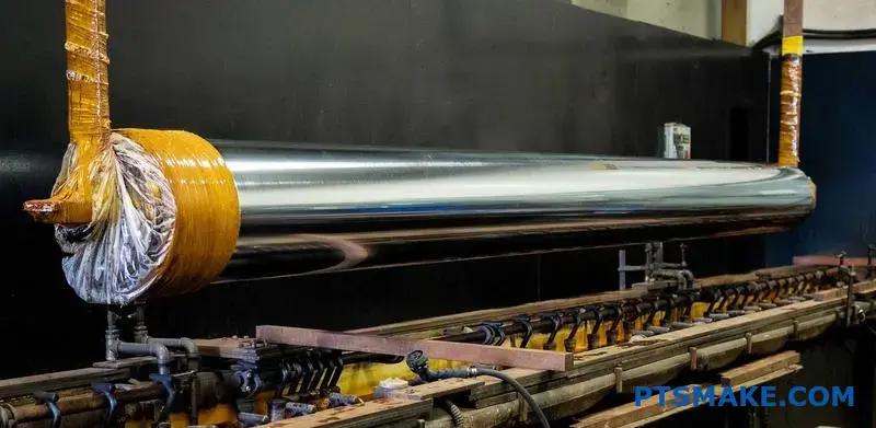 A Long Polished Metal Cylinder in a Manufacturing Setup