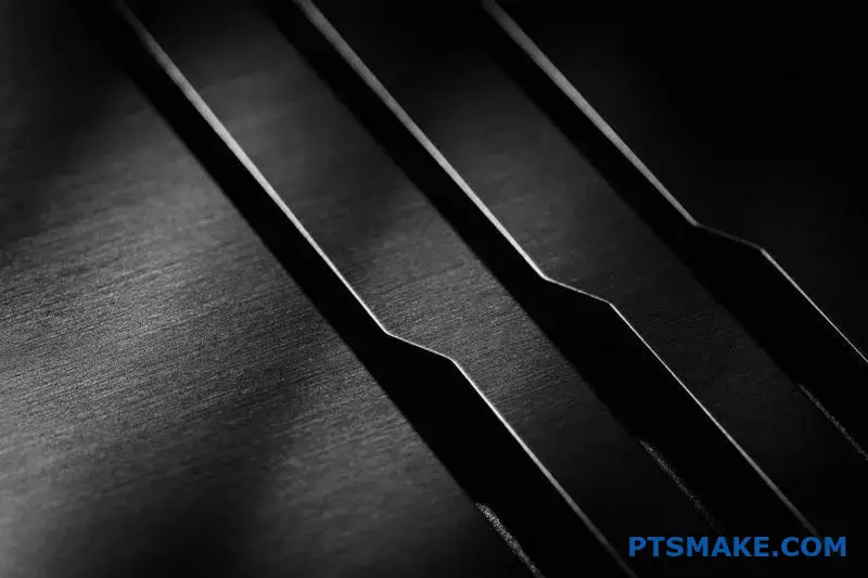 Precisionsbearbetad flygplansdel med yta av borstat rostfritt stål med riktad kornstruktur på industriell arbetsbänk