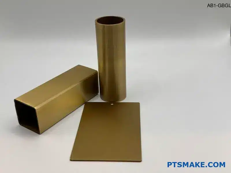 Three Precision Metal Components: Cylinder, Square Tube, and Flat Plate