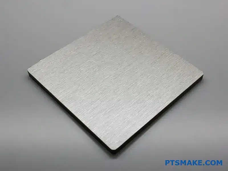 Detailed view of brushed aluminum plate showing fine parallel lines and satin finish texture