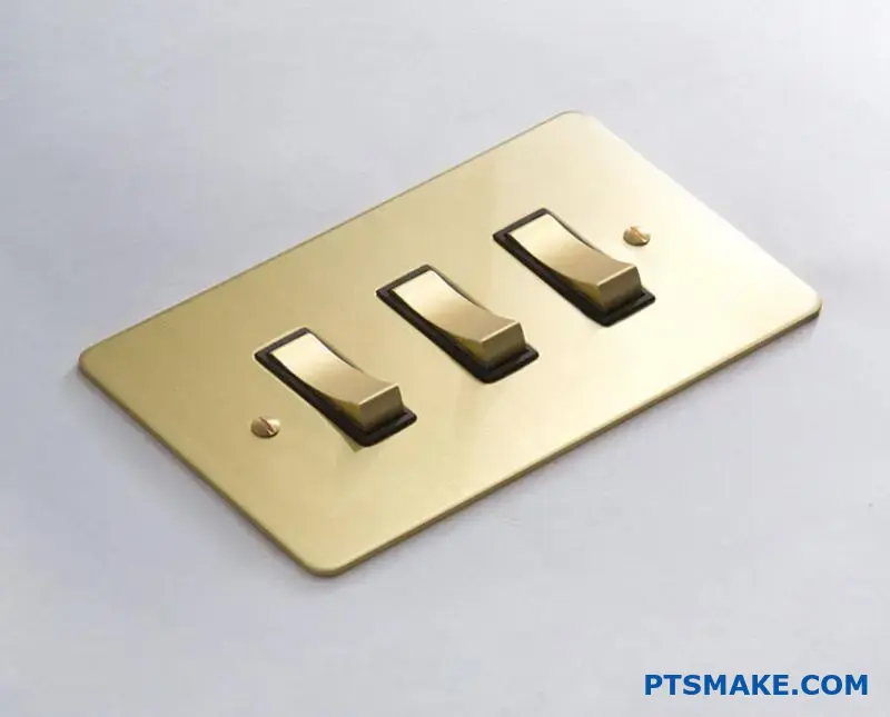 Three Brass Light Switches on a Gold Panel