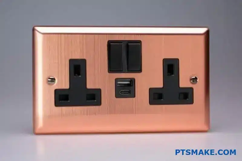 High-quality brushed copper circuit board components and connectors displaying refined metallic finish and professional manufacturing quality