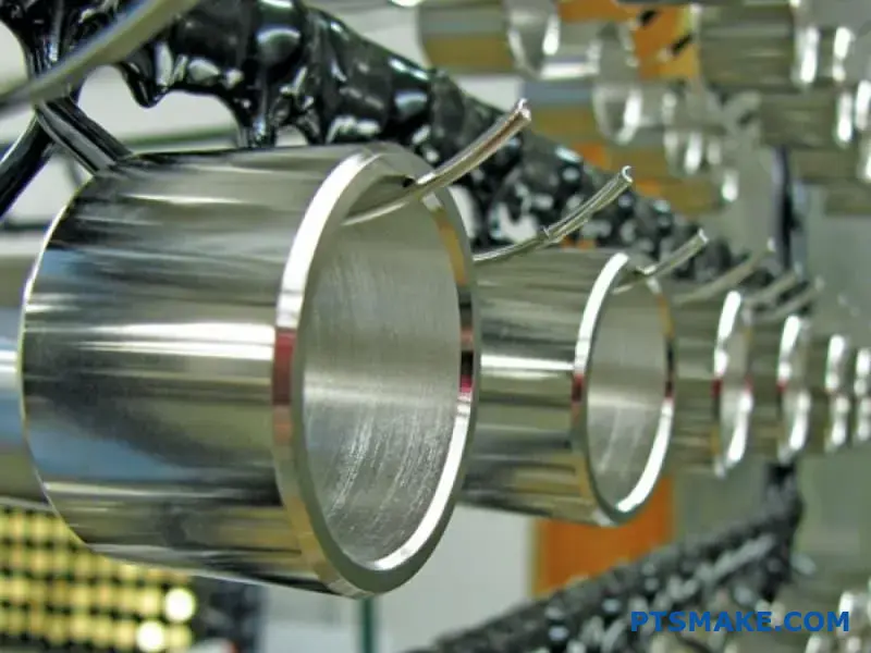 Close-Up of Polished Metal Cylindrical Parts on a Rack