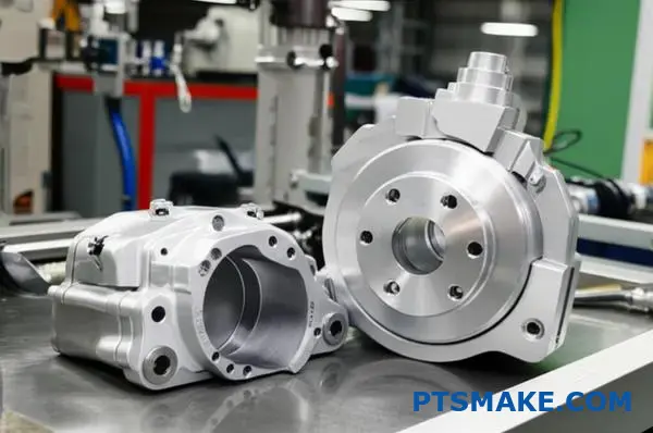 Precision machined railroad components displayed on industrial workbench showcasing custom rail manufacturing capabilities