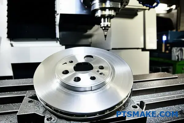 Precision CNC machining of steel railway brake disc component for railroad safety applications by manufacturing specialist