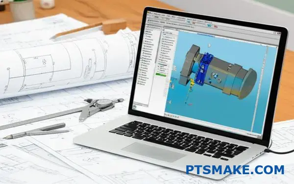 Engineering drawings and CAD models for railroad component manufacturing specifications on professional workspace
