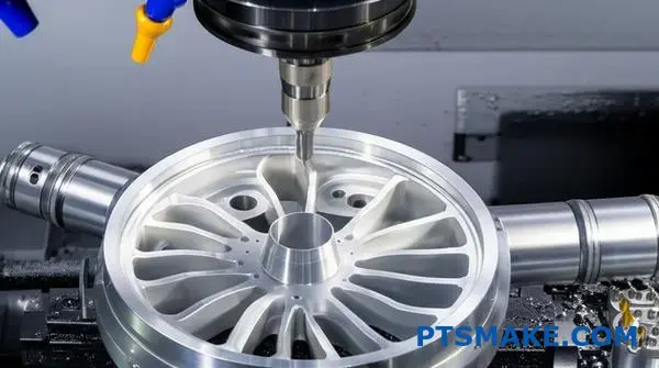 Precision CNC machining process creating detailed aluminum train wheel parts for railway system prototyping and manufacturing applications