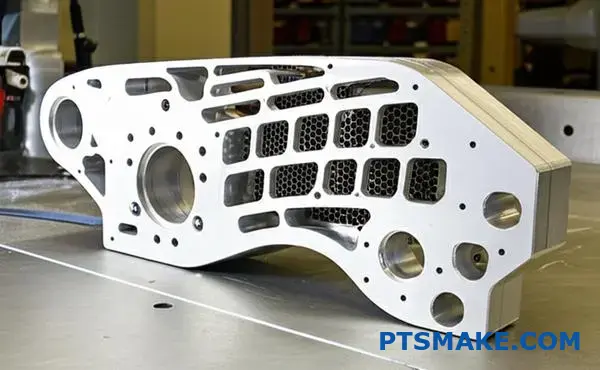 Precision CNC machined aluminum train bracket showcasing lightweight design for railroad manufacturing applications