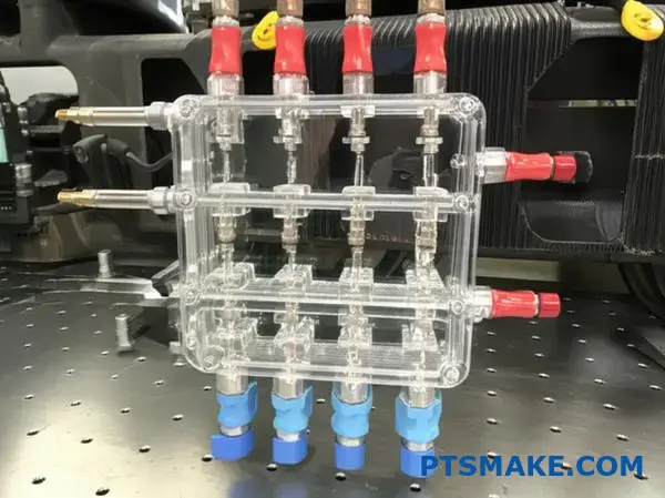 Clear acrylic manifold with visible internal channels for railroad fluid distribution systems and CNC machined components