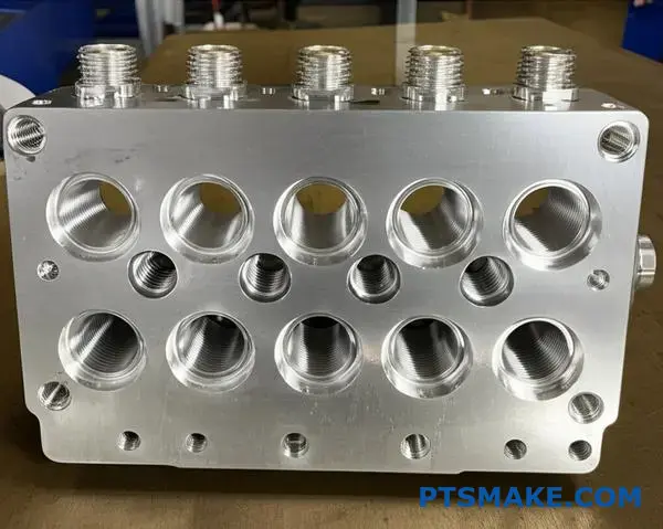 High-precision CNC machined manifold for railroad systems showing detailed threading and port connections on workbench