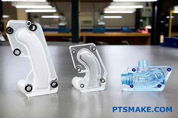 CNC machined transparent manifolds showcasing different polymer materials for industrial applications with precision threaded connections