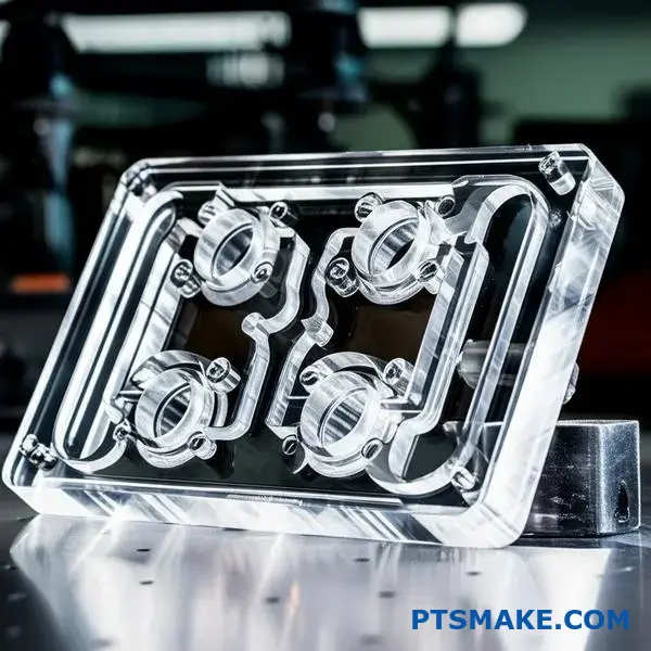 Clear transparent manifold showing precise CNC machining quality with optical clarity on industrial workbench