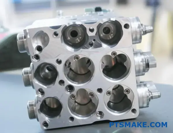 Precision CNC machined aluminum manifold block displaying internal channels and sealing surfaces for railroad system applications