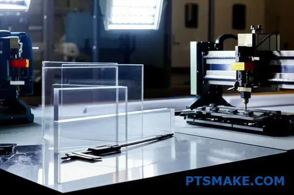 Transparent acrylic blocks with CNC machining tools demonstrating precision manufacturing setup for clear plastic components