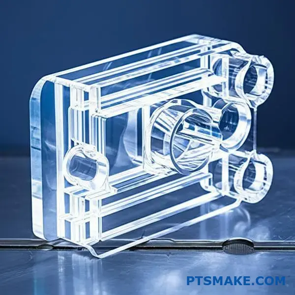 Clear plastic manifold component with precision machined ports for railroad applications showing CNC manufacturing quality
