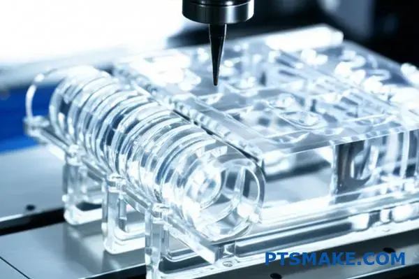 Precision CNC machining of transparent manifold with smooth surface finish on industrial workbench