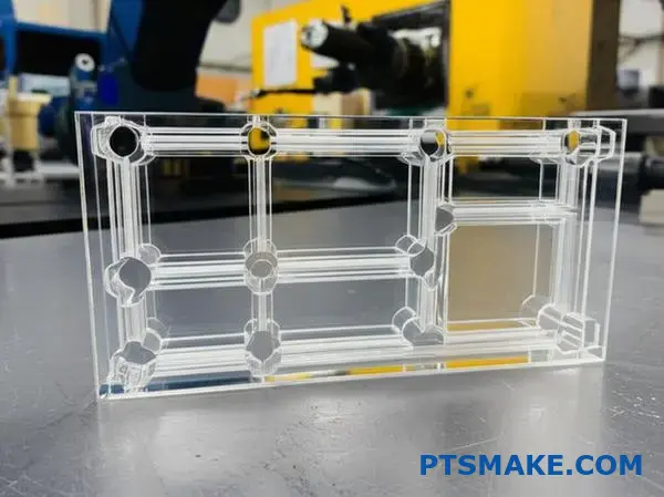 Clear acrylic manifold with internal channels for railroad fluid systems, precision CNC machined component on workbench