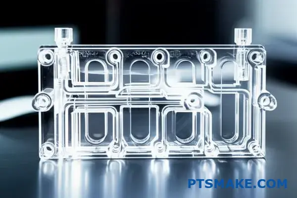 Transparent manifold with internal channels showcasing cnc machining precision for optimal flow control applications
