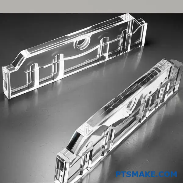 Clear polycarbonate railroad manifold parts showcasing CNC machined transparency and structural engineering on industrial surface