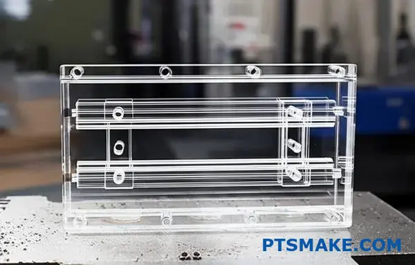 Precision CNC machined transparent manifold component with internal channels on manufacturing workbench