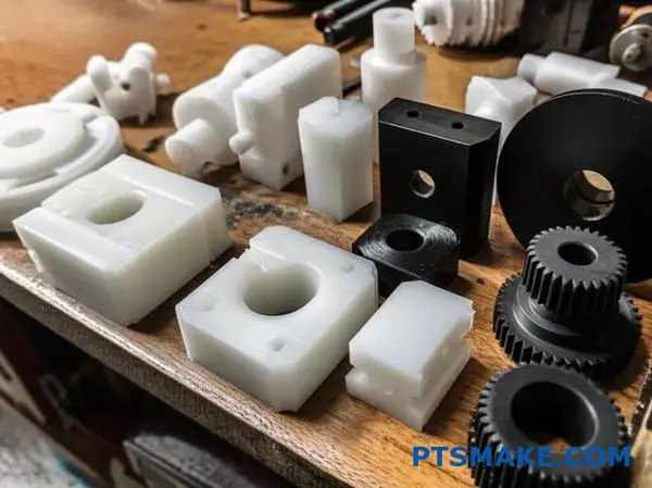 Various nylon components produced through precision CNC machining processes showcasing material versatility and manufacturing quality