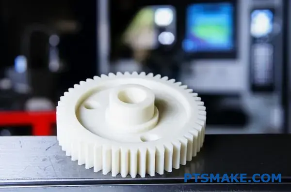 High-precision white nylon gear component showcasing detailed CNC machining results on industrial workbench