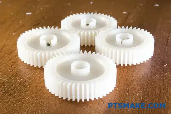 Precision machined white nylon gear parts showcasing CNC manufacturing quality and surface finish