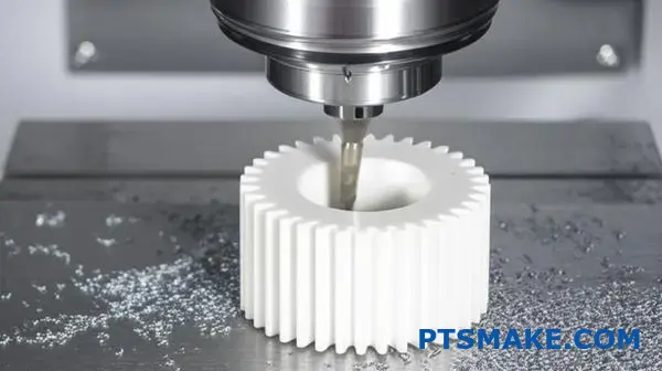 Precision CNC machining of white nylon gear component showing detailed manufacturing process and surface finish quality