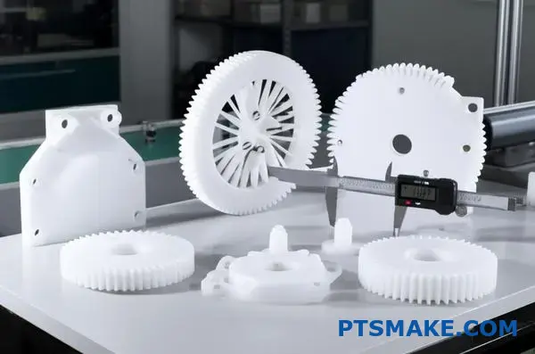 White nylon machined components being measured with digital calipers on inspection table showing CNC manufacturing precision