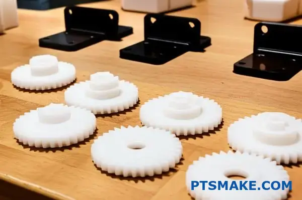 Various precision nylon parts manufactured through CNC machining processes displayed on workshop surface